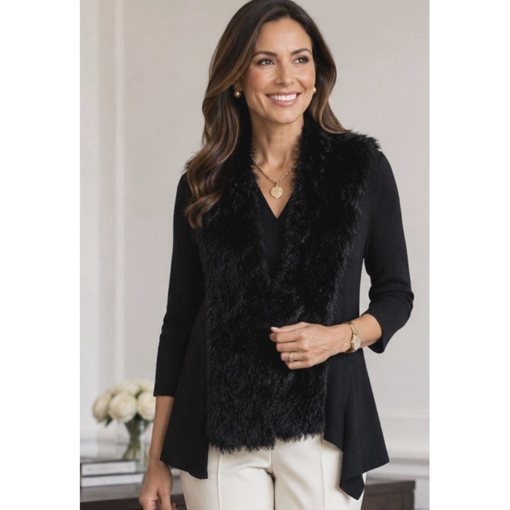 Once 1 Again Womens Aysmmetrical Faux Fur Ribbed Knit Sweater Size L Career Work